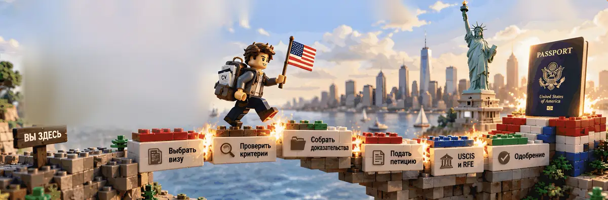 Лего-человечек с рюкзаком и флагом США идёт по мосту из кирпичиков: выбрать визу, проверить критерии, собрать доказательства, подать петицию, USCIS и RFE, одобрение. В конце моста паспорт, за ним Статуя Свободы и Нью-Йорк.